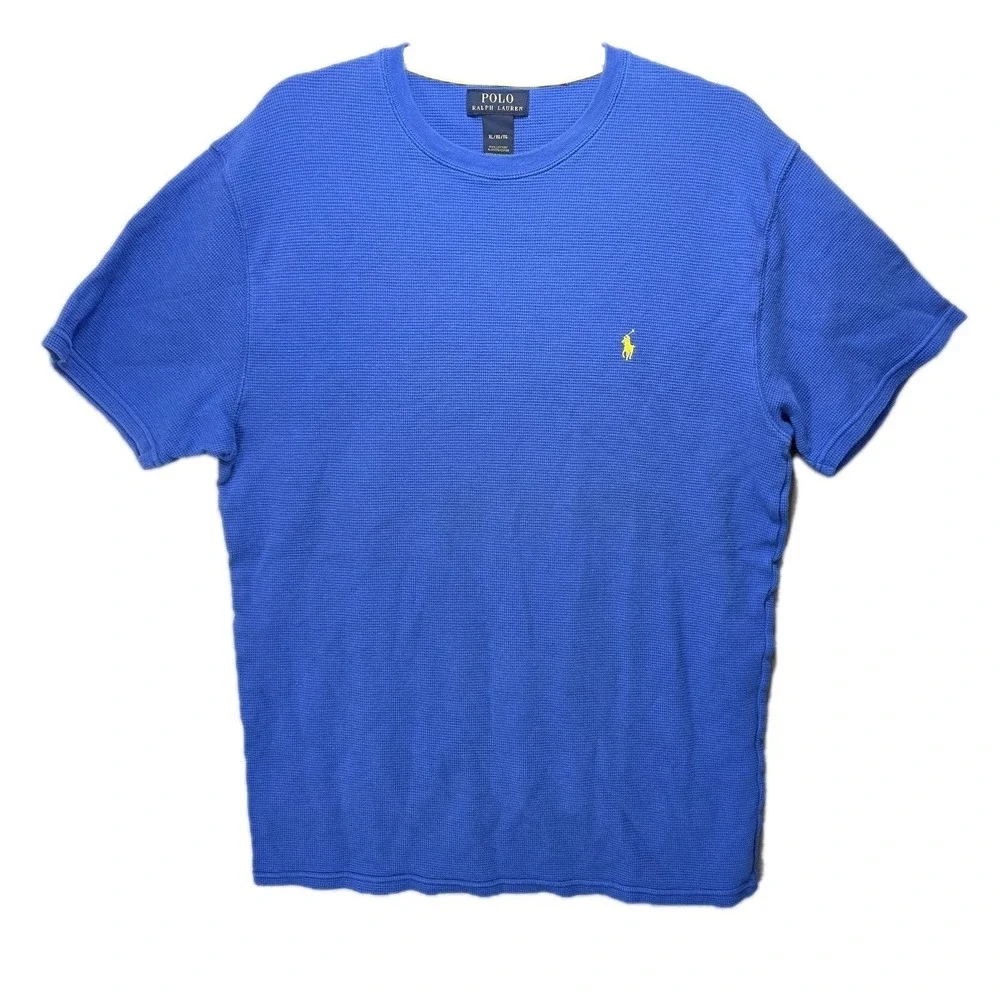 Polo Ralph Lauren Waffle Knit‎ Thermal Shirt Mens XL Blue Preppy Yellow Pony